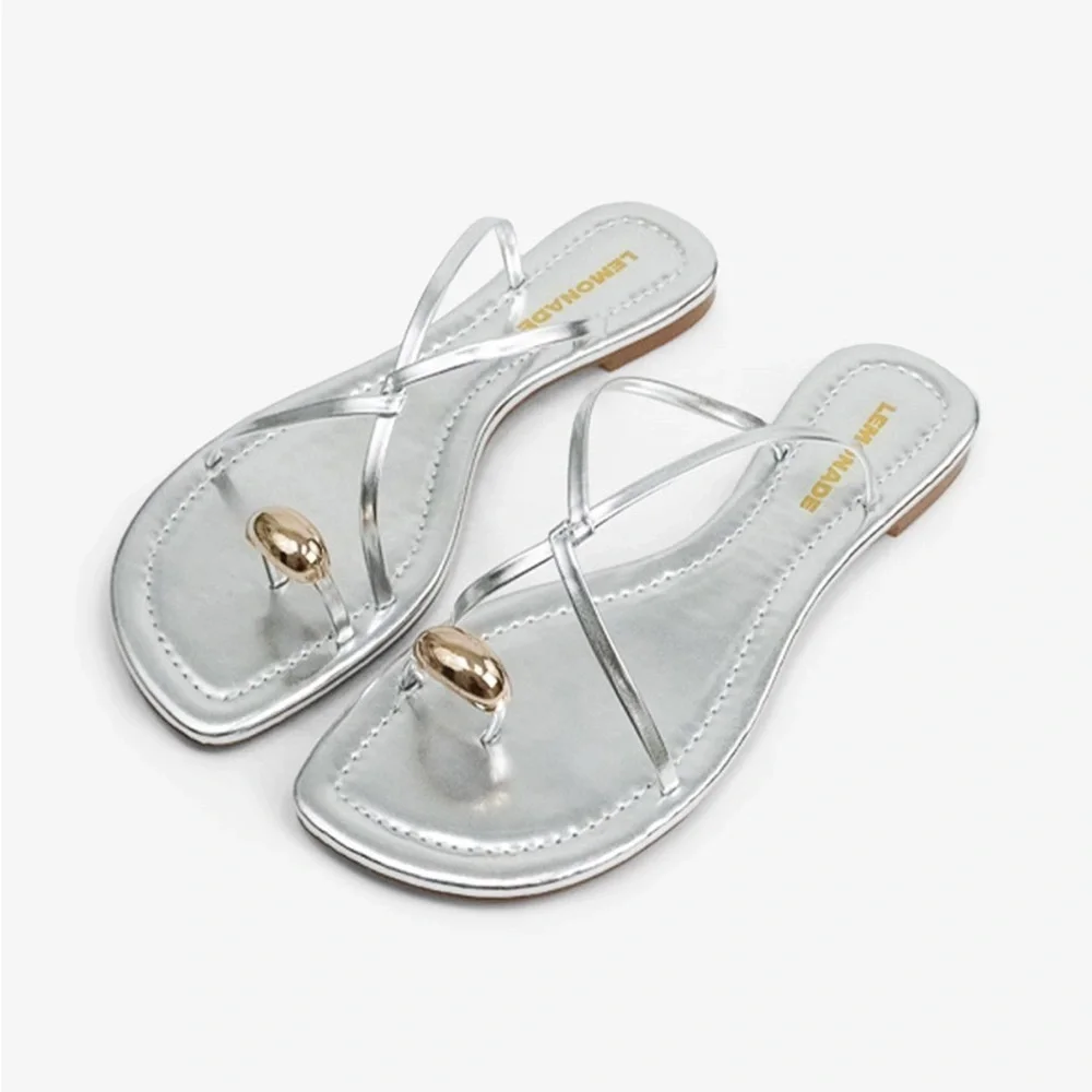 NEW Lemonade Silver Metallic Strappy Sandals Flip Flops Minimalist Gold Toe Ring